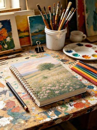 Vintage Floral Landscape Notebook, Cottagecore Nature Journal Gifts for Women, Pink Wildflower Meadow Tree Hardcover Notebook Journal for Work Study 5.5x8.3 in - color: Vintage Floral