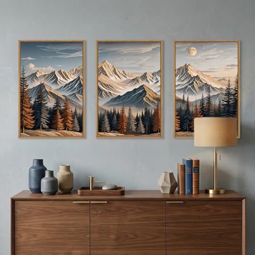 LHIUEM Vintage Landscape Wall Art,Large Wood Wall Art,Carved Wood Wall Decor,Earthy Landscape Canvas Art Prints,Big Snow Mountain Sunrise piciures,Birch Tree Painting for Home Office -16"x24"x3 - color: Mountain Landscape Wall Art, size: 16''x24''x3