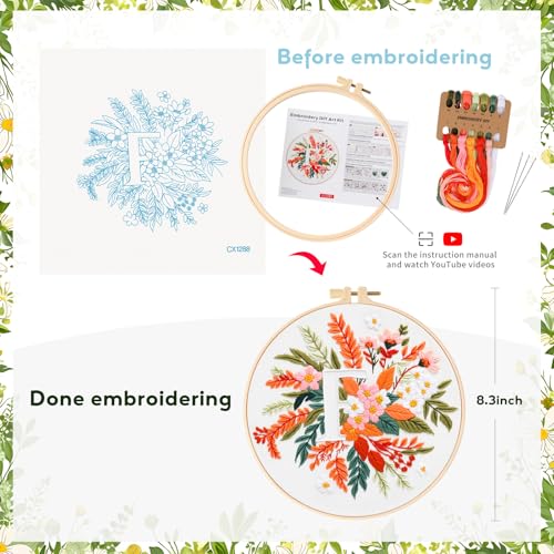 Zerzsy 7.87 '' Embroidery Kits Plant Flower Leaf English Letter Patterns for Beginners Adults, Easy to Learn Cross Stitch Kit for Home Office Decor - color: Letter F