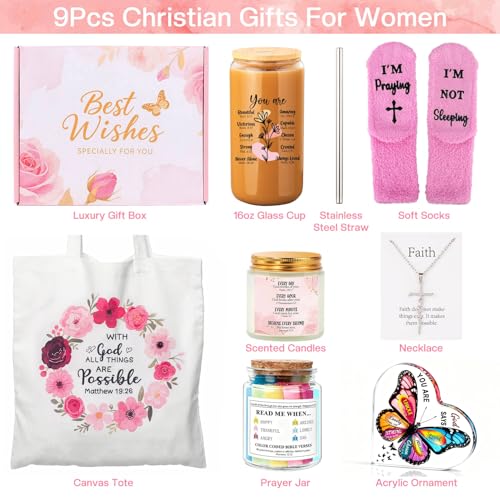 Christian Gifts For Women, Religious Gifts, Christian Mothers Day Gifts For Women Faith, Birthday & Inspirational Spiritual Gifts For Mom, Bestie, Bff, Sister With Tote Bag, Glass Cup, Bible Jar - color: Pink