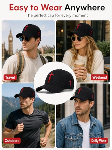 Embroidered Cross Baseball Cap, Christian Adjustable Snapback Hat for Men & Women, Structured Dad Hat with Jesus Faith Design - color: Black With Red