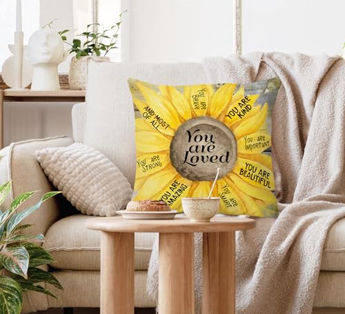 Voatok Inspirational Sunflower Pillow Covers 18x18, Inspirational Gifts, You Are Loved Motivational Flower Decorative Throw Pillow Covers Pillowcases Decorations for Home Bedroom Sofa Bed Couch Decor - color: Kind-1