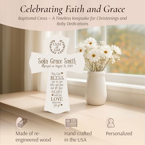 LifeSong Milestones Personalized Baptism Wall Cross - Engraved Ivory Wood Christian Cross with Name & Date, Child of God Blessing, Christening & First Communion Gift (Ivory, 8.5" x 11") - color: Ivory, size: 11"L x 8.5"W