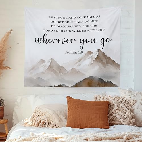 MNASAIOO Christian Mountian Lord Wall Tapestry Hanging for Bedroom, Bible Verse Scripture Joshua 1:9 Tapestries, Watercolor Religious Wall Decor Banner for Living Room Prayer Room Church 50x60in - color: wherever