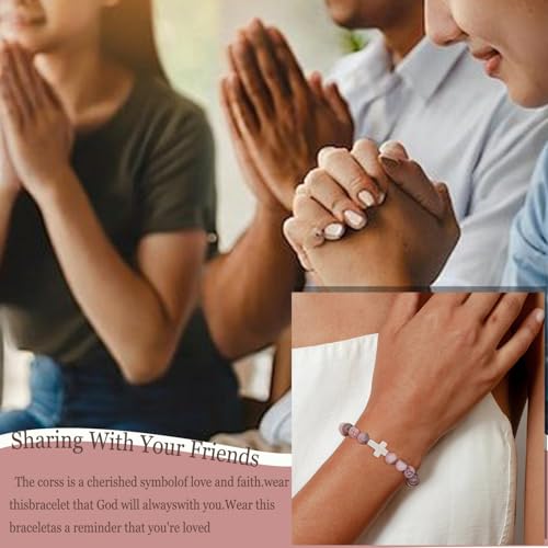 COLOYAN 9Pcs Cross Natural Stone Beaded Stretch Bracelets for Women - color: A-pink zebra