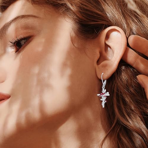 Flower Cross Earrings 925 Sterling Silver Daisy Butterfly Lily Violet Mushroom Dangle Drop Earrings Birth Flower Jewelry for Women Birthday Christmas Gifts - style: Mushroom Cross