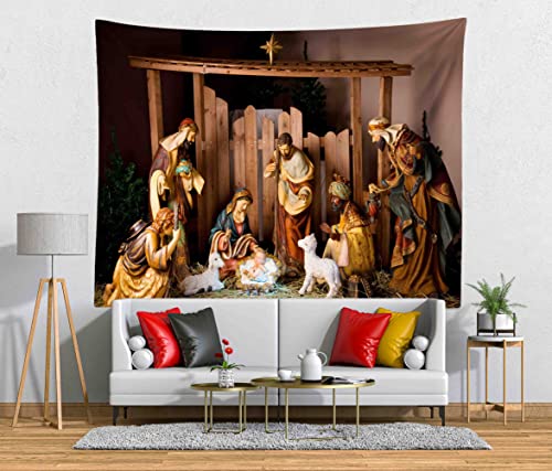 Loccor Chritmas Nativity Scene Tapestry 118x78 inches Christmas Holy Night Manger Scene Tapestry Wall Hanging Christian Religious Merry Xmas Party Decor for Church Bedroom Living Room Dorm Home Decor - size: 120"L x 80"W