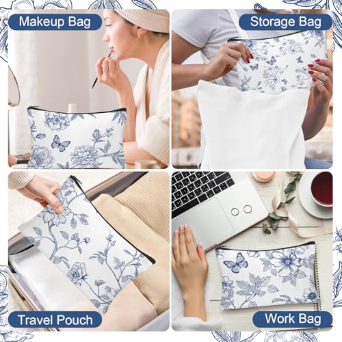 30Pcs Blue and White Floral Makeup Bag Floral Cosmetic Bags Bulk for Women Chinoiserie Wildflower Canvas Travel Toiletry Pouch for Bridesmaids Wedding Bridal Shower Birthday Party Supplies - style: Blue Floral