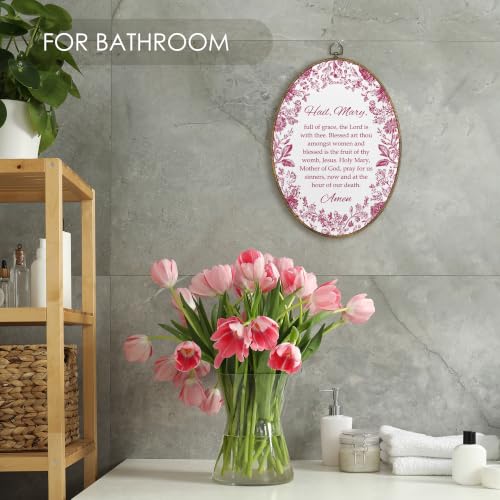 Fewgb Vintage Catholic Hail Mary Prayer Oval Wall Art Decor, Pink Floral Christian Canvas Wall Art Framed Prints for Bedroom Living Room Prayer Room, Religious Hanging Room Decor Picture Artwork 9x12 - color: hail mary-02