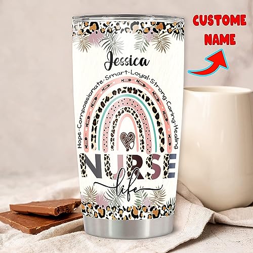 Dorris Personalized Nurse Tumbler Customized Name Leopard Style Travel Coffee Mug Insulated Cup with Lid Stainless Steel Nurses Week Graduation Gifts for Healthcare Worker Birthday - color: Nurse 107