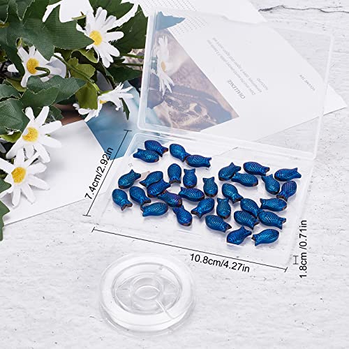 SUNNYCLUE 1 Box 50Pcs Fish Beads Sea Ocean Animal Electroplated Glass Bead Carved Frosted Blue Beads for Jewelry Making Elastic Thread Kit Bracelet Earrings Necklace Supplies Summer Adult Women - color: 1 Box 50pcs Center Drilled Fish Bead Dark Blue