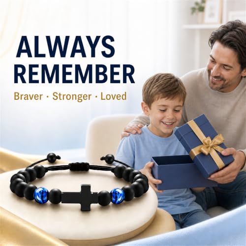 Boys Cross Bracelet, Adjustable Tiger Eye Bead Bracelet - color: B-Always Remember