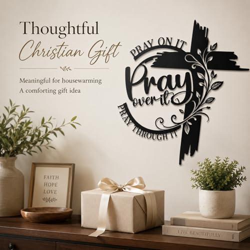 secrncy Pray On It Metal Cross Wall Art, Christian Home Decor, Black
