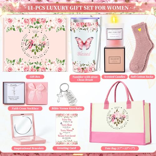 11PCS Christian Gifts for Women Faith, Inspirational Gifts for Women, Pink Birthday Spiritual Religious Basket Set,Self Care Get Well Soon Baskets for Mom,Friends,Wife,Girlfriends Valentine's Day Gift - color: Light Pink