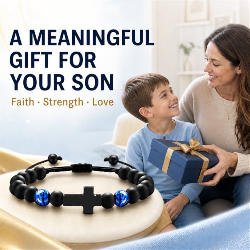 Boys Cross Bracelet, Adjustable Tiger Eye Bead Bracelet - color: B-To My Son