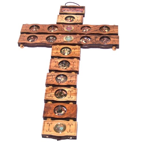 Holy Land Market Stations of the Cross etched as icons on this Olive wood Cross made by Laser technology (14 Stations Cross/Crucifix, 14 Inches) - size: 14"L x 8"W