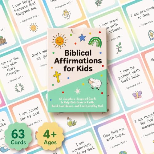 Biblical Affirmation Cards, 63 Scripture-Based Flash Cards Christian Encouragement & Positive Affirmations for Daily Faith, Back to School Gifts, Sunday School, VBS & Homeschool Supplies