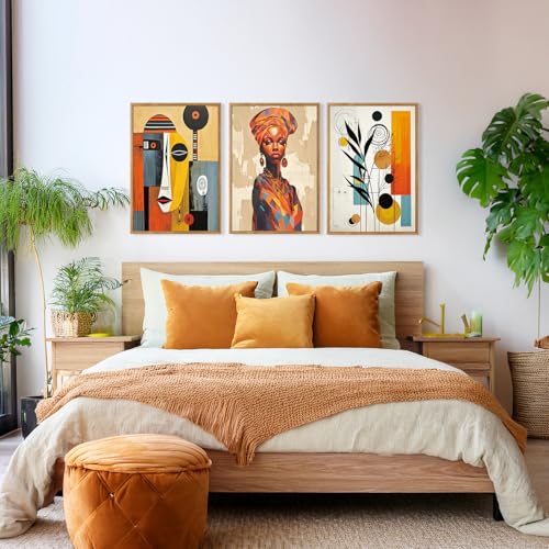 CHDITB Boho Abstract Black Woman Framed Canvas Wall Art, Orange African Artwork Ethnic Minimalist Portrait Murals Wall Decor, Vintage Geometric Aesthetics Art Prints For Bedroom Living Room-12X16 Inch - color: Boho wall art 1
