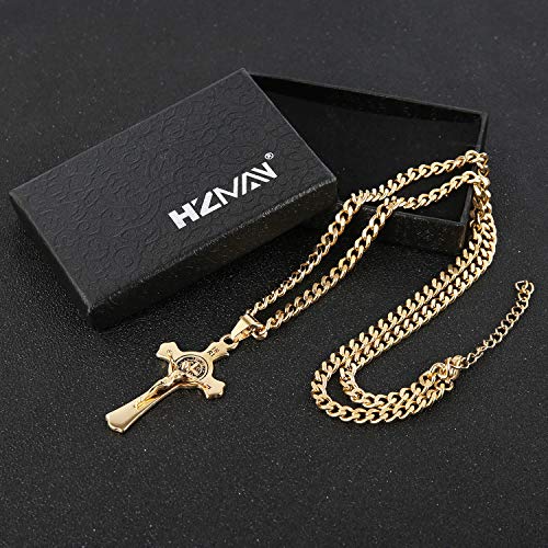 HZMAN Stainless Steel St. Benedict Crucifix Cross Necklace for Men - color: Standard Gold