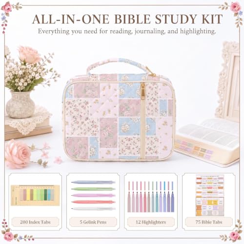 Britimes Bible Cover Case for Women, Bible Cover with Accessories, Floral - color: Pink Blue Floral