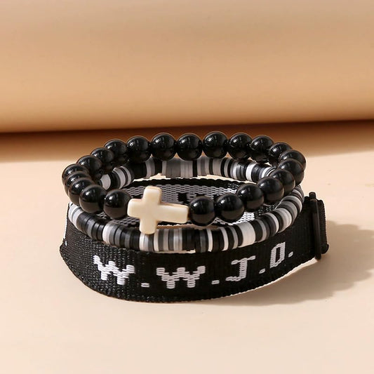 WWJD What Would Jesus Do Christian Stackable Bracelet Set for Women Men, Inspirational Faith Cross Beaded Elastic Wristbands, Religious Bible Verse Jewelry Gift for Church - color: Black 3pcs