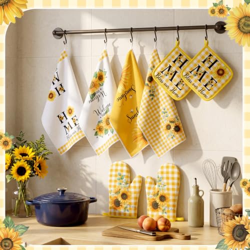 Leinuosen 8 Pcs Yellow Sunflower Kitchen Towels Dishcloths Accessories Set - color: Yellow and White, style: Sunflower