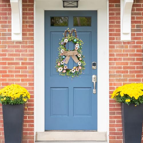 Sggvecsy 25 Inch Easter Bunny Shaped Artificial Flower Wreath with Colorful Berries Daisies Greenery Bow Knot for Front Door Easter Summer Farmhouse Wall Home Window Decor - color: Easter
