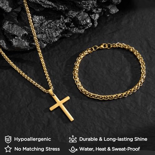 NORBU Stainless Steel Cross Necklace and Bracelet Set for Men, Cuban Link - color: Gold Wheat