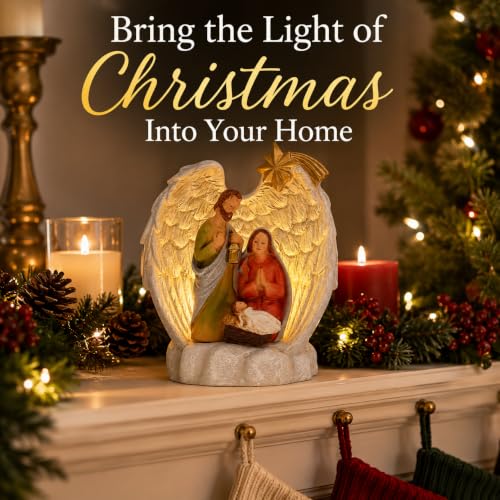 Wowser Lighted Holy Family Under Angel Wings Figurine, LED Nativity Christmas Decoration, Religious Christian Tabletop Holiday Décor, Resin Freestanding Christmas Display, 3.75 Inch
