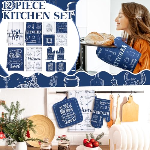 12 Pcs Farmhouse Kitchen Oven Mitts and Pot Holders Decor Sets 4 Blue Kitchen Hand Towels 4 Absorbent Dishcloths 2 Pot Holders 2 Oven Mitts Glove for Home Decorations Mom Baking Cooking Grilling Gift - color: Blue and White, style: Classic