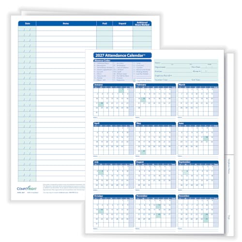 ComplyRight 2027 Attendance Calendar Folder, White, Pack of 25 - size: 25 Pack, style: Attendance Calendar Folder