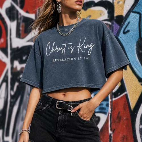 KIEKIECOO Womens Cropped Acid Wash Tshirt Vintage Christian Graphic Crop Tops Tees Oversized Christ is King Faith Gifts Shirt - color: Blue, size: Small