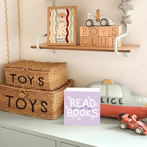 Lacama Reading Nook Read More Books Wooden Sign,Purple Book Lover Decor, Classroom Pastel Reading Party Decorations, Daisy Flower Desk Shelf for Nursery, Playroom, Homeschool 5x5 In - color: Read More Books (5x5)