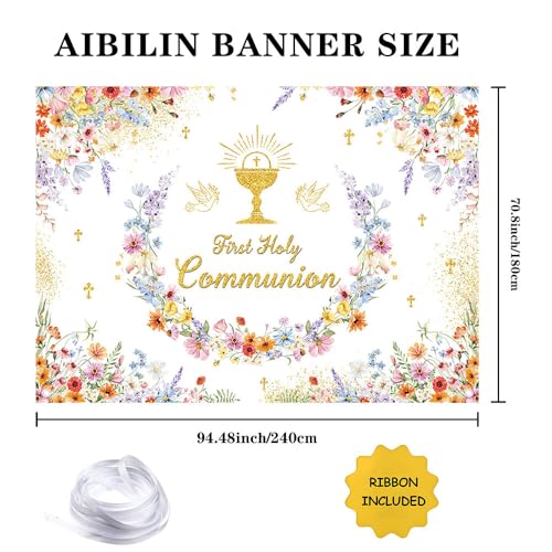 AIBIIN 8x6ft Wildflower First Holy Communion Backdrop Mi Primera Comunión Party Banner Elegant Floral Baptism Background Gold Chalice Cross Party Decoration - color: First Holy Communion, size: 8x6ft