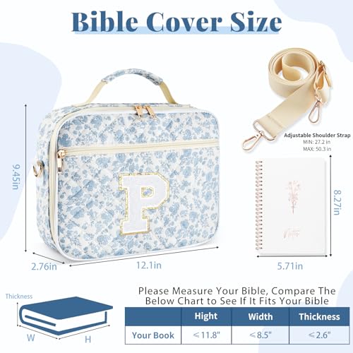 Personalized Initial Bible Cover Case for Women Bible Bag w/Study Supplies - color: Blue Flower, size: P