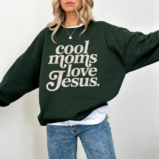 FITIN Cool Moms Love Jesus Christian Graphic Crewneck Sweatshirt – Distressed Design Faith-Based Pullover - color: Forest Green, size: Small