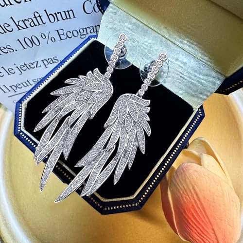Crystal Cubic Zirconia Angel Wings Dangle Drop Earrings for Women Silver Rhinestone Guardian Angle Dangling statement Earrings gifts for Wife Mom Her - color: Silver