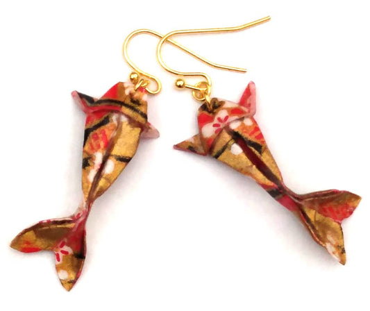 Paper Origami Koi Fish Earrings, 6 Color Patterns - color: Gold Red White