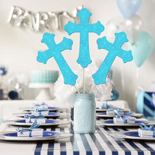 12Pcs Cross Centerpiece Sticks Blue Glitter God Baptism Table Toppers Christian Theme Baby Shower Decorations for Easter God Bless First Communion Christening Birthday Party Supplies