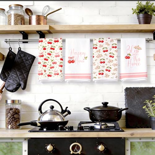4Pcs Cherry Kitchen Towels,16x24 Inch Absorbent Microfiber Dish Towels - color: Red Cherry