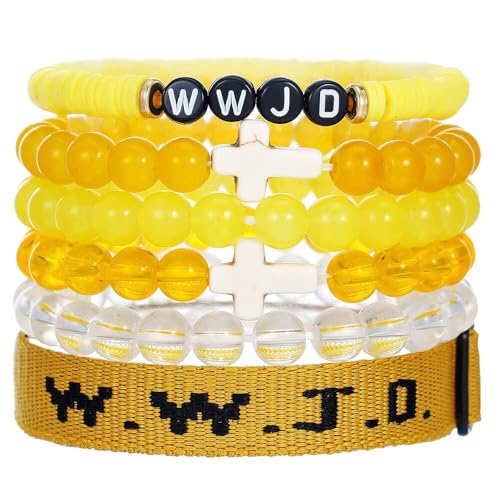 WWJD Bracelets Set WWJD Wristbands Christian Cross Bracelet Stackable Clay Bead Bracelets Stretch Glass Beaded Inspirational Christian Jewelry Gift for Couples Women Men - color: 6Pcs Yellow