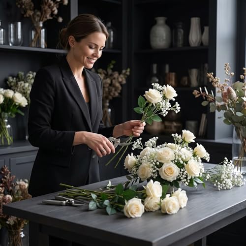50 Pcs Artificial Rose Bouquet with Baby's Breath, Fake Silk White Roses Realistic Rose for Wedding Centerpieces Flower Arrangement Home Decor
