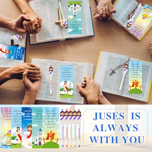 CroBlissful 60 Pcs Christian Jesus Pens Bulk Religious Gift Set Cute Jesus Ballpoint Pens Bible Verse Inspirational Card Scripture Silicone Keychains for Back to School, Communion, Easter, Vbs, Sunday