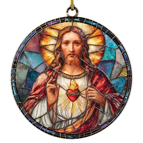Sacred Heart of Jesus Ornament – Christian Christmas Ornament, Catholic Christmas Decor, Religious for Women & Mom, Stained Glass Catholic Christmas Ornaments - color: Kat - K - the Sacred Heart of Jesus