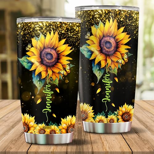 Personalized Sunflower Tumbler Gifts for Women Floral Cup Insulated Stainless Steel 20oz With Lid Travel Coffee Mug Gift for Mom Daughter Sister Friends Wife - color: Sunflower