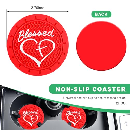 2 PCS Car Cup Holder Coaster, 2.76 Inch Non-Slip Auto Drink Mats with Blessed Cross and Heart, Shockproof Christian Cup Insert Coaster for Most Vehicles, Car Accessories (Red) - color: Red