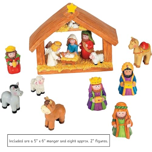Fun Express Mini Christmas Nativity Set Stable with Jesus Mary Joseph Wisemen - 9 Pieces Red, Blue, Green, Beige, Brown