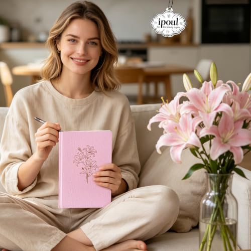 Linen Journal, Pink Notebook, Journal for Women, A5, 6"x8", Hardcover, Lay-flat, Ruled Paper, Lily Flower - color: Linen-Lily-Pink