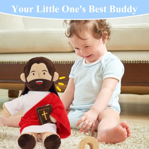 Yelakey Jesus Plush - 13.4“ Voice Jesus Plush Toy Speaking 20 Bible Verses and Singing 3 Bible Songs, Religious Stuffed Doll for Kids, Christian Easter Gift for Church and Sunday School - color: Brownred