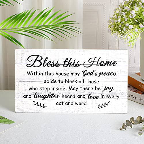 Bless This Home Wood Sign Christian Wall Decor, 13.8 x 8 Inches, White - color: White, size: 13.8 x 8 Inches
